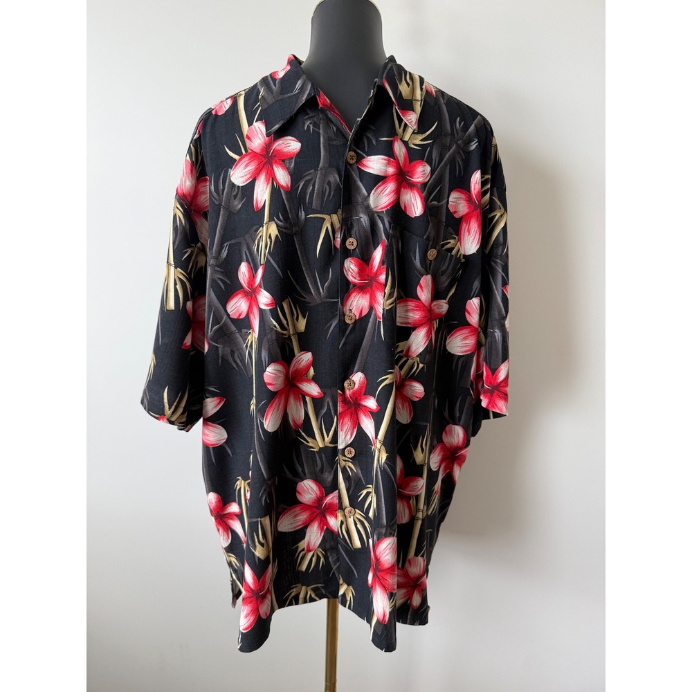 Banana Cabana Mens XXL Silk Hawaiian Shirt Red Floral Bamboo Tropical Black